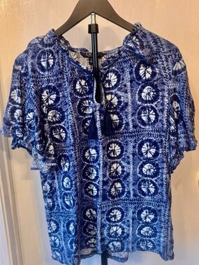 Lauren Ralph Lauren Blue Tie Dye Tassel Blouse Boho Peasant Top Size Large